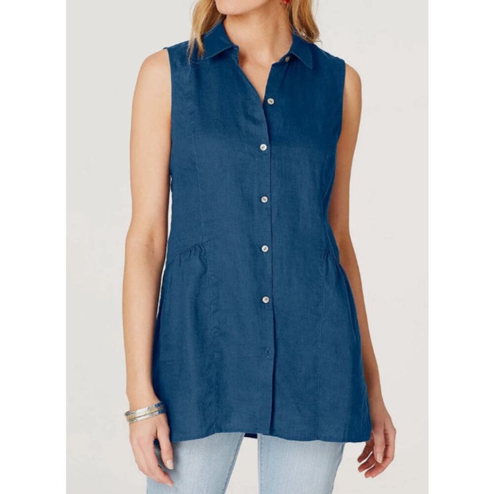 J. Jill Love Linen Peplum Back Sleeveless Tunic Shirt Button Down Blue Size XL